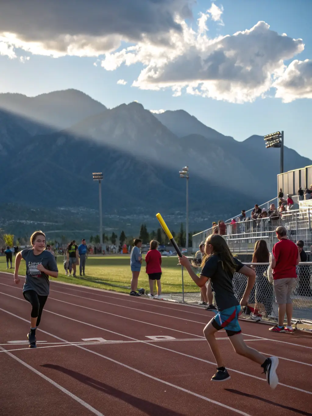 Students participating in a track and field event, running with determination and enthusiasm.