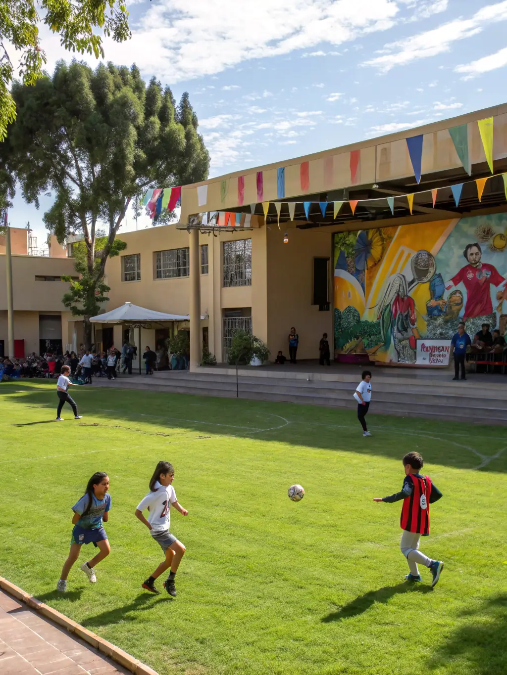 A diverse group of students working together to organize a sports event, highlighting the civic engagement and community participation promoted by the organization.