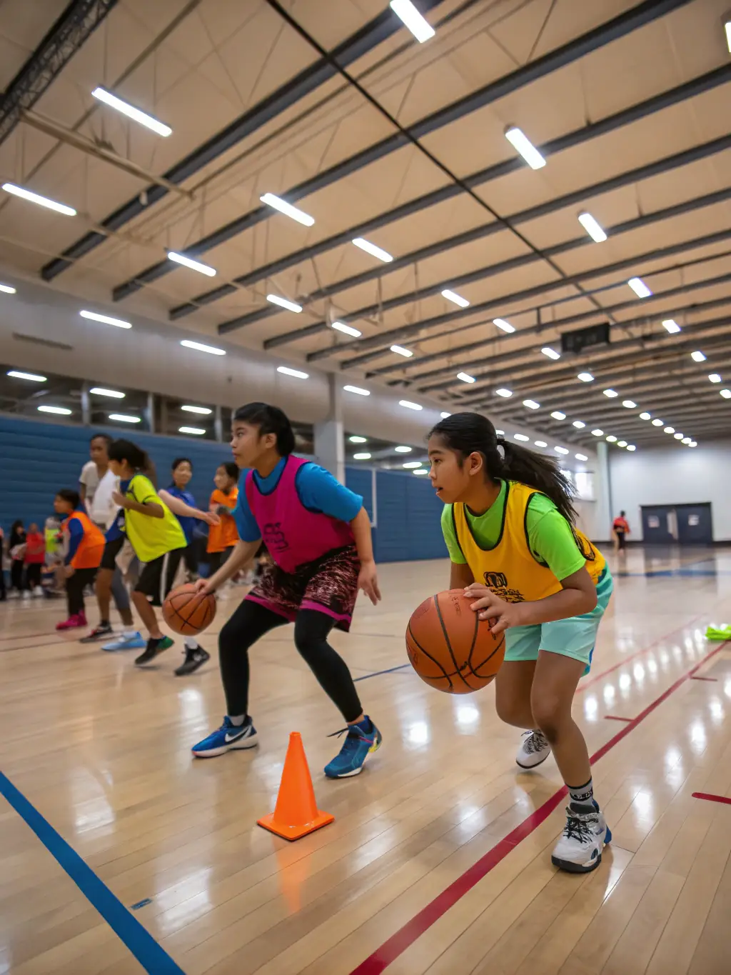 A group of students playing basketball in a school gymnasium, showcasing teamwork and sportsmanship.