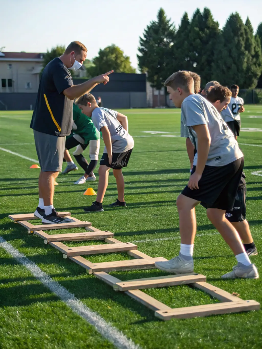 A football team practicing drills on a field, emphasizing coordination and tactical play.