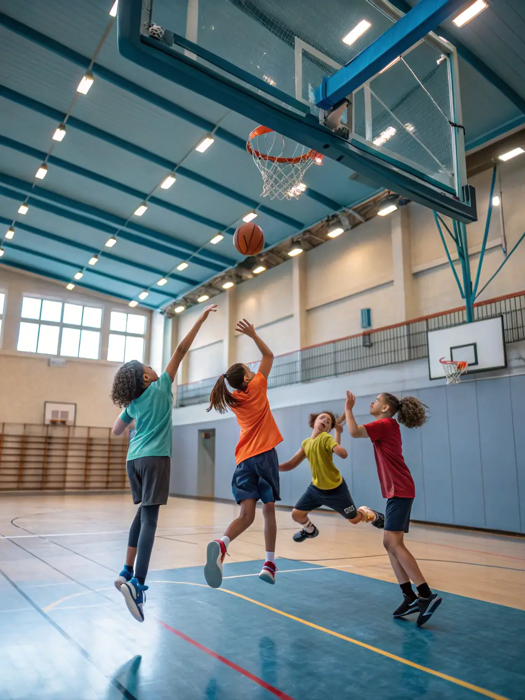 A group of students playing basketball in the school gymnasium, showcasing teamwork and sportsmanship.