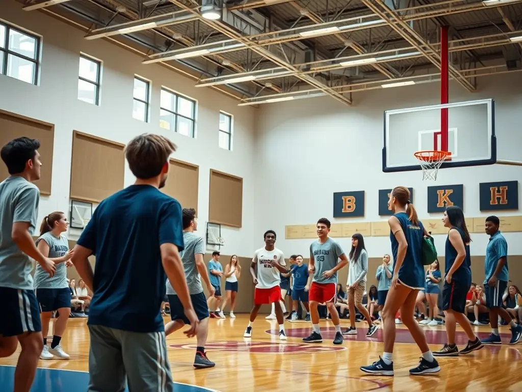 A dynamic image of students playing basketball in a school gymnasium, emphasizing teamwork and active participation.