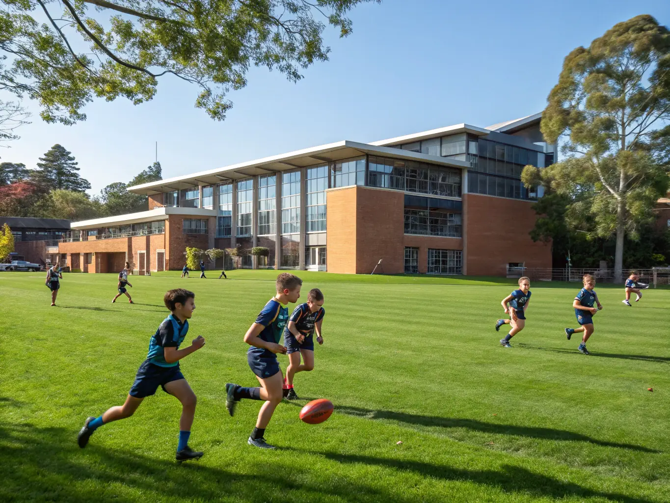 A team of students playing football on a school field, emphasizing collaboration and strategic play.
